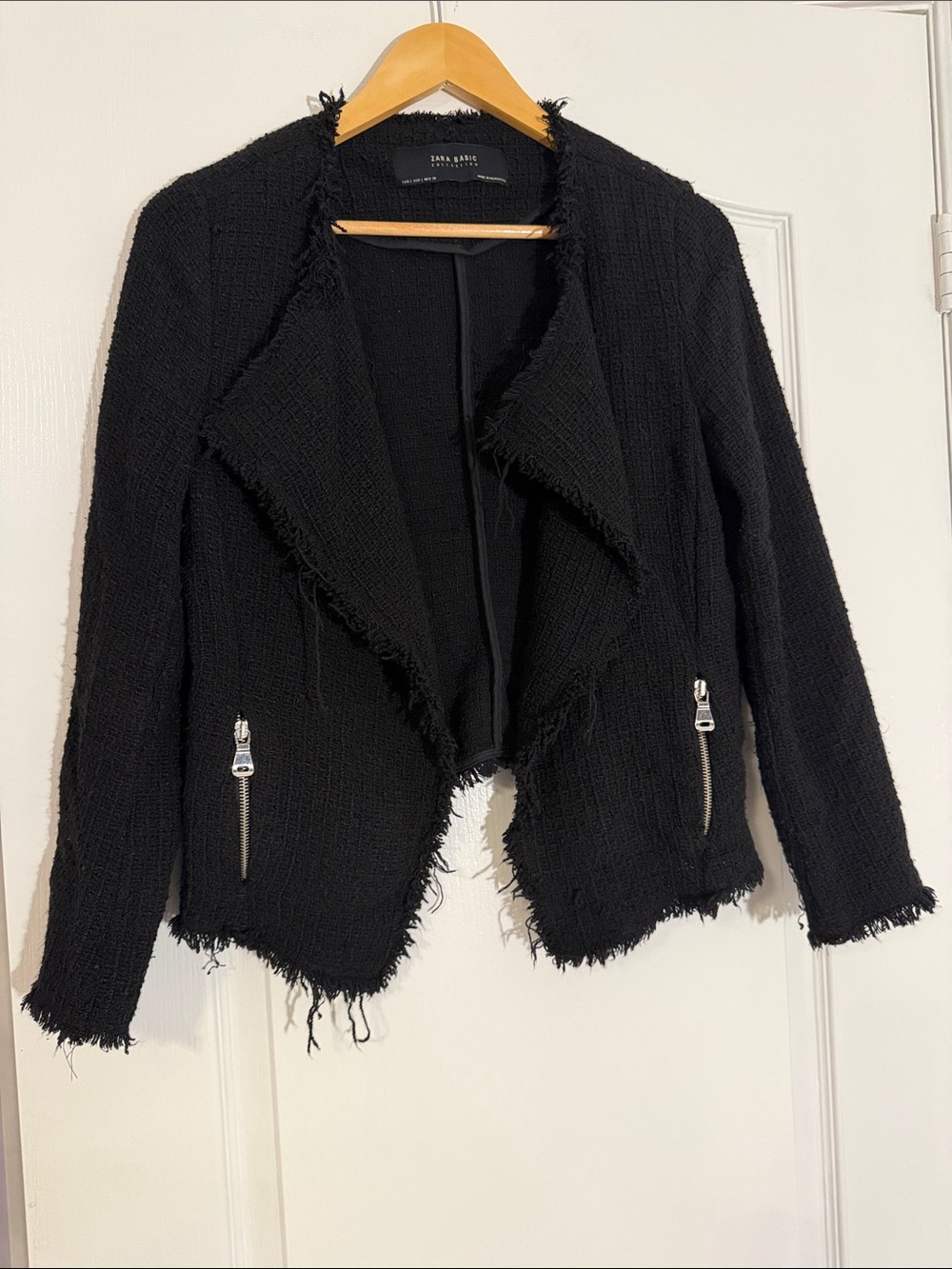 Zara Black Boucle Tweed Draped Open Front Fringe Jacket Zip Pockets L